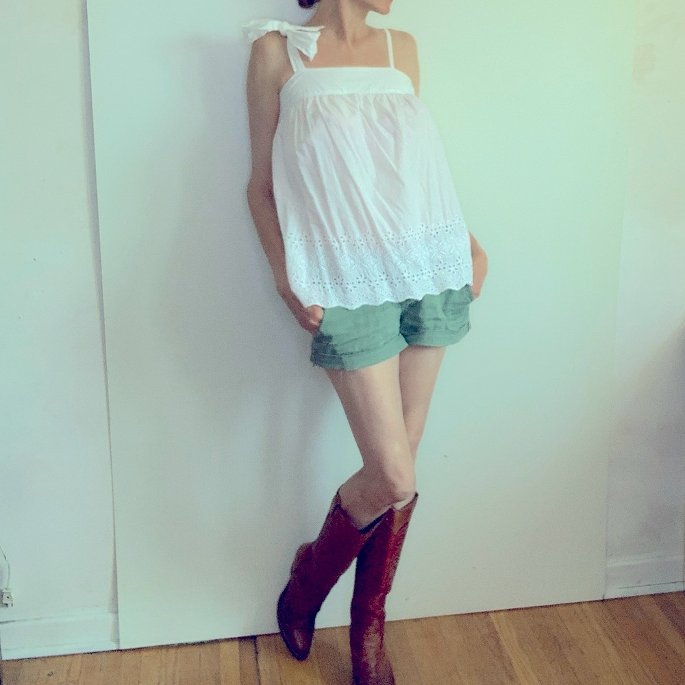 Sweetest White Pure 💯% Cotton Camisole Top with Bow Shoulder and Eyelet Trim